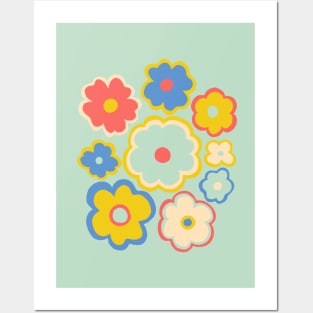 Hippie retro 70s flower pattern in blue, yellow and red Posters and Art